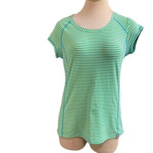 Title Nine Womens Short Sleeve Vibe Tee T-Shirt Size Small Teal Yellow Striped